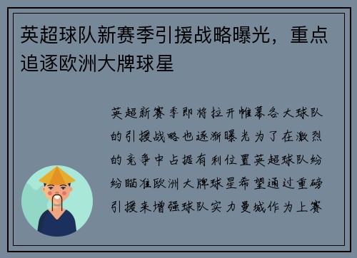 英超球队新赛季引援战略曝光，重点追逐欧洲大牌球星