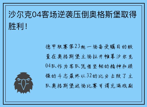 沙尔克04客场逆袭压倒奥格斯堡取得胜利！